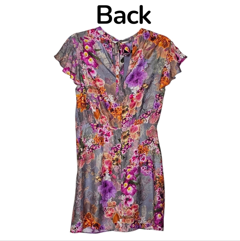 All Saints Jemille Lucia Silk Blend Lined Mini Dress Flutter Sleeves Grey Floral - Picture 7 of 16